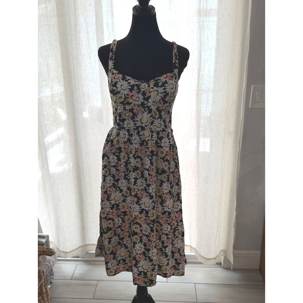 AUW Womens Floral Daisy Print Smocked Back Midi Dress Black Pink Yellow Large